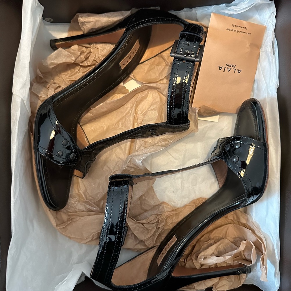 Vintage Alaia patent leather T strap stiletto heels